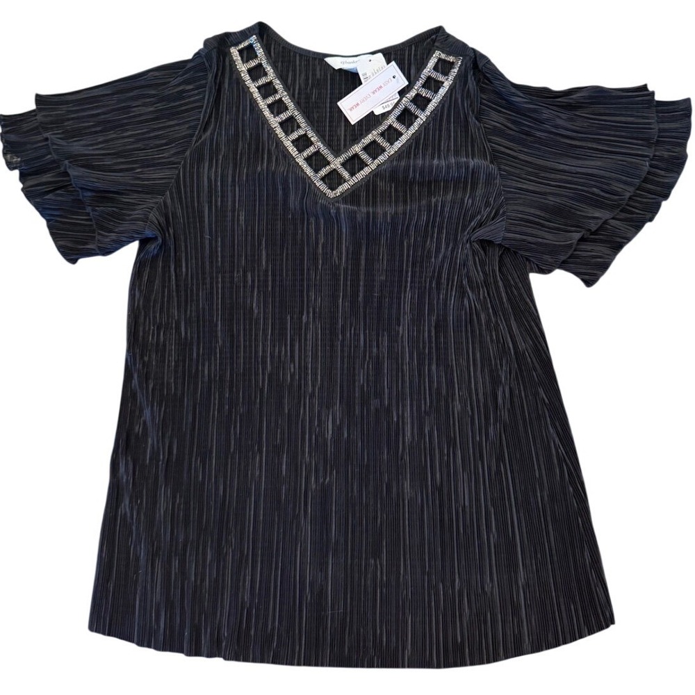 CJ Banks Black Accordion Pleat Beaded V-Neck Ruffle Sleeve Blouse Top Size 1X